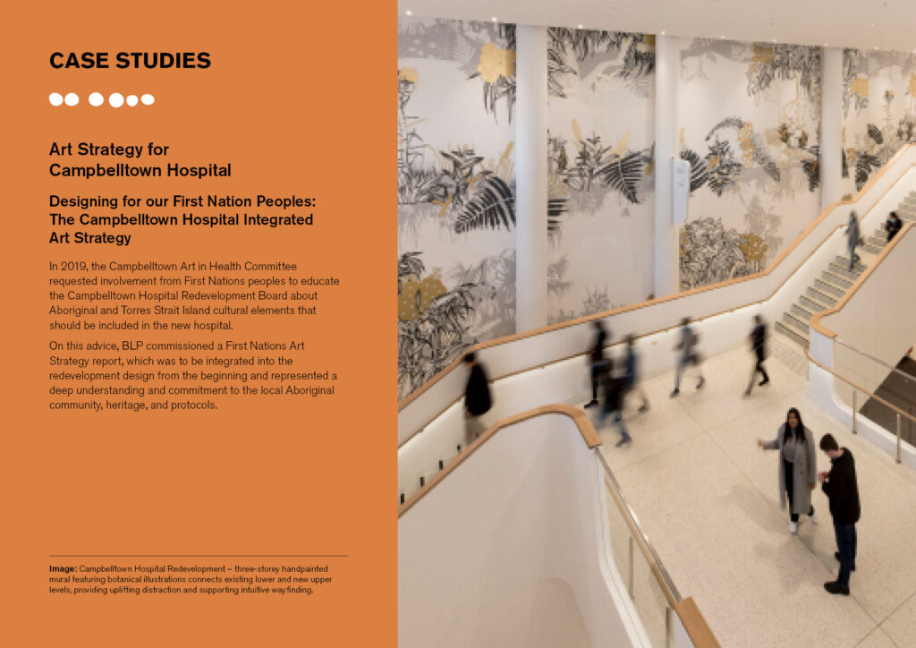 page showing text on the left and on the right an image of a staircase with large artwork on the wall