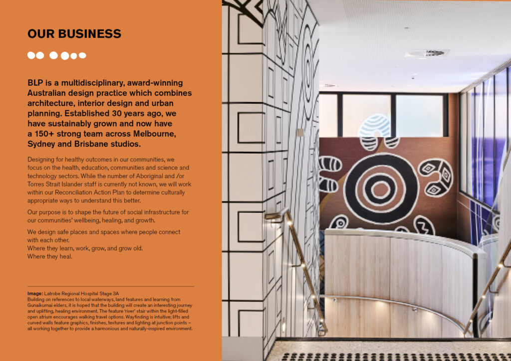 page showing text on the left and on the right an image of a stairwell featuring indigenous artwork